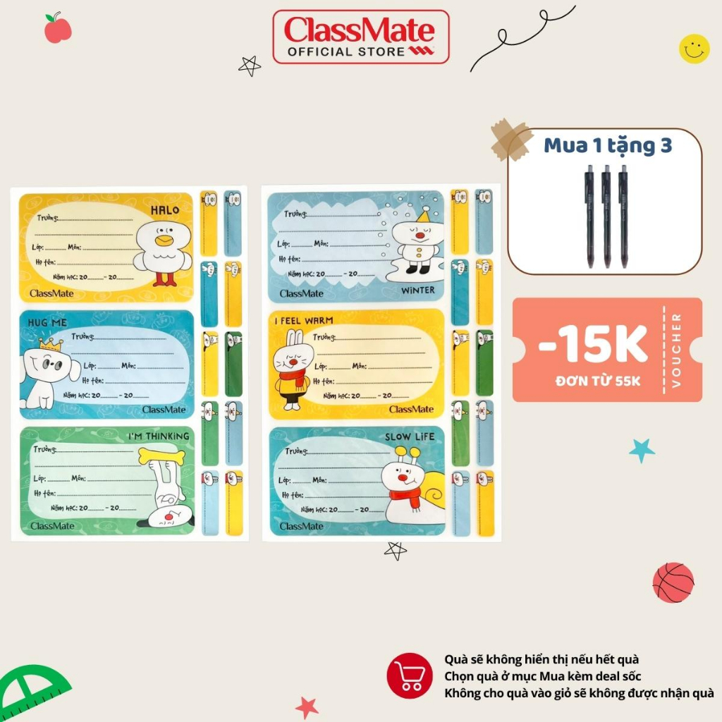Nhãn Vở Có Keo Dán Sẵn CLASSMATE Halo Chất Liệu Giấy Bóng Nổi Bật, Bám Dính Tốt 15 Cái/Túi CL-NT229