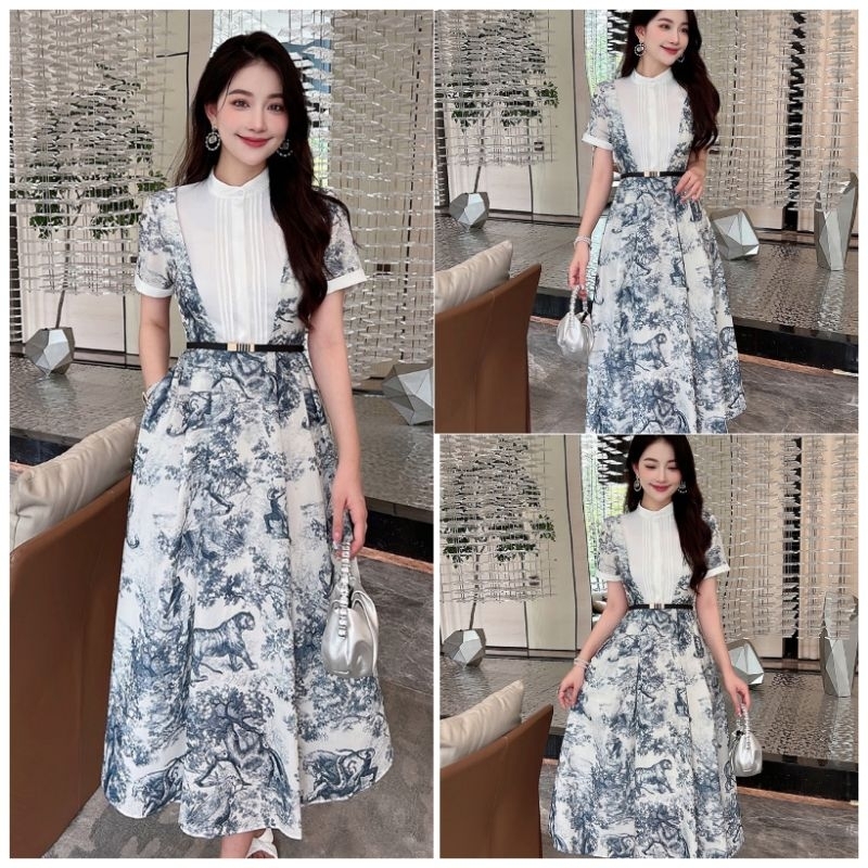 Đầm xòe họa tiết cổ sơ mi kèm belt cao cấp