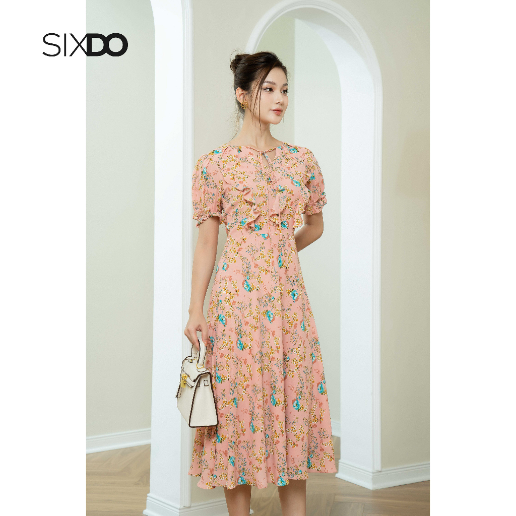 Đầm chiffon SIXDO (Peach Pink Floral Midi Chiffon Dress)