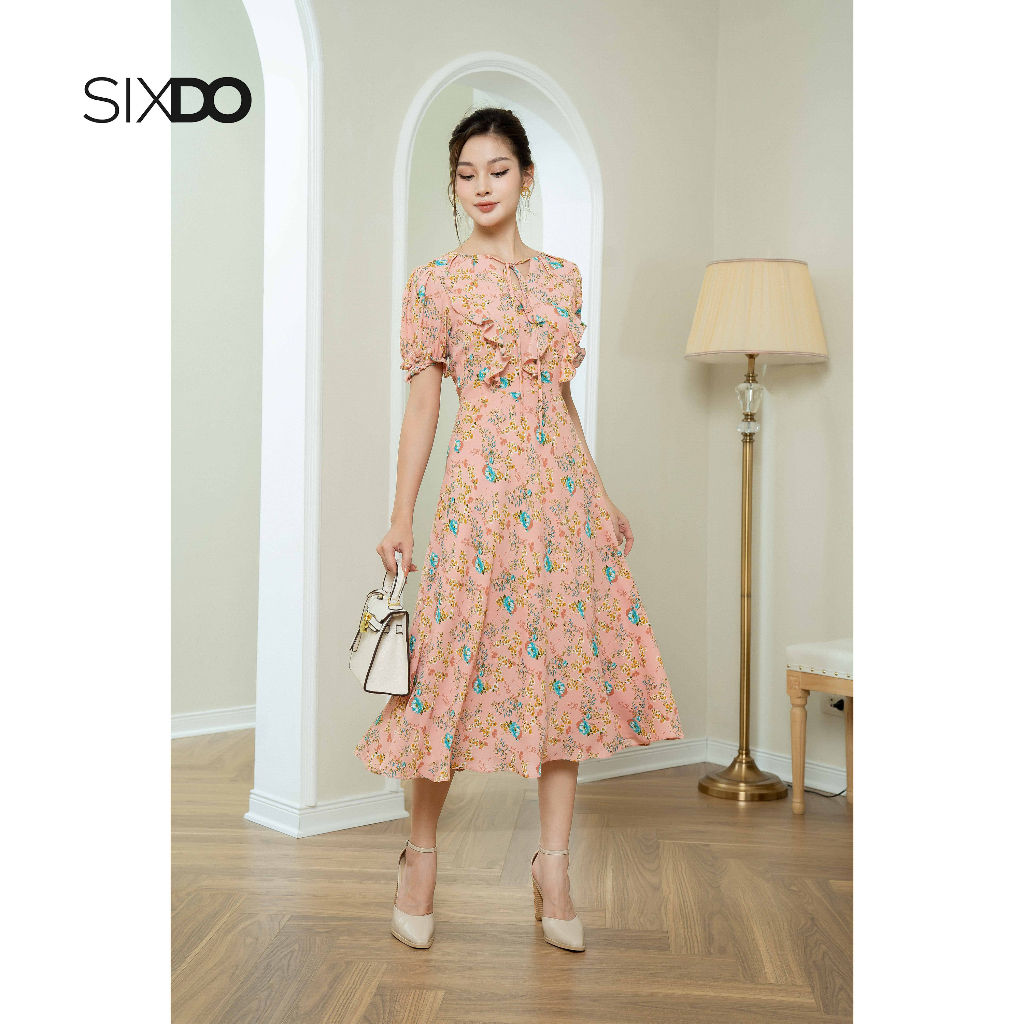 Đầm chiffon SIXDO (Peach Pink Floral Midi Chiffon Dress)