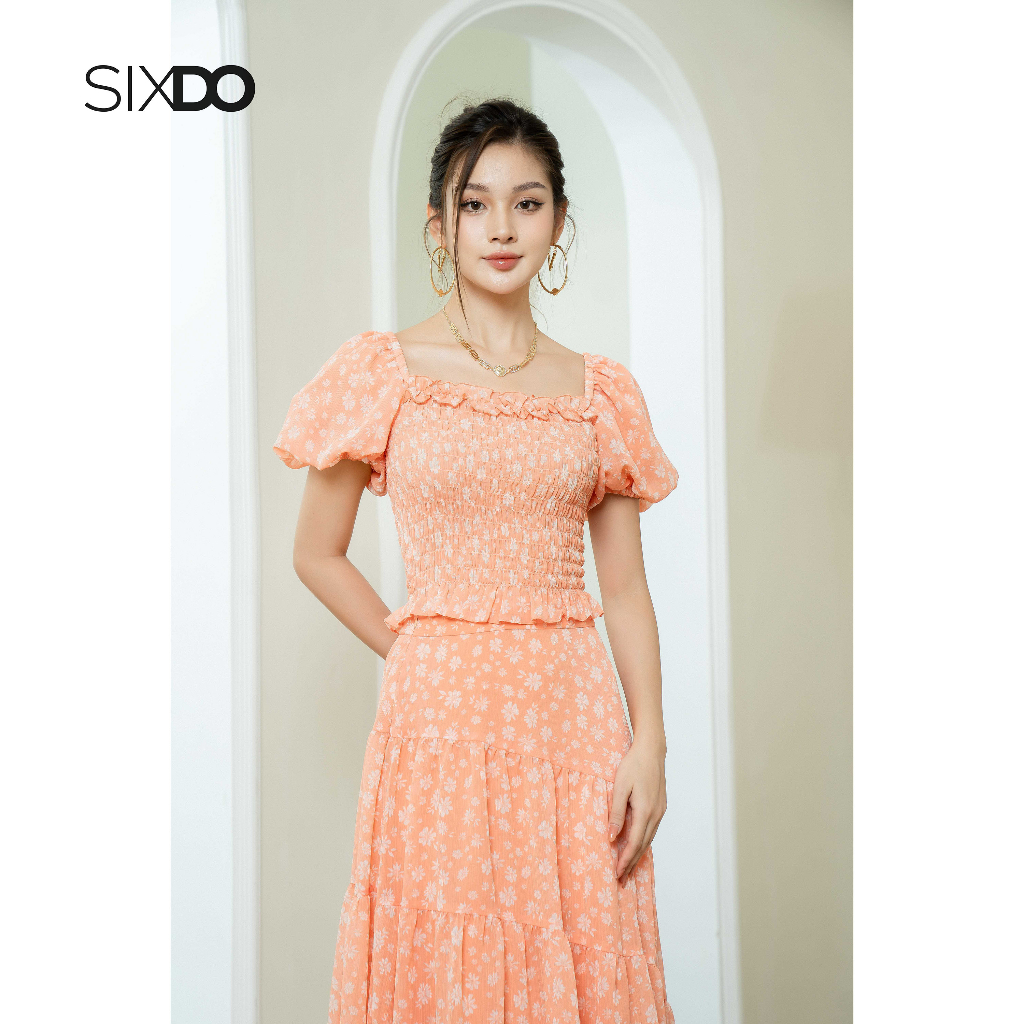 Áo nữ voan tơ SIXDO (Light Orange Floral Voile Top)