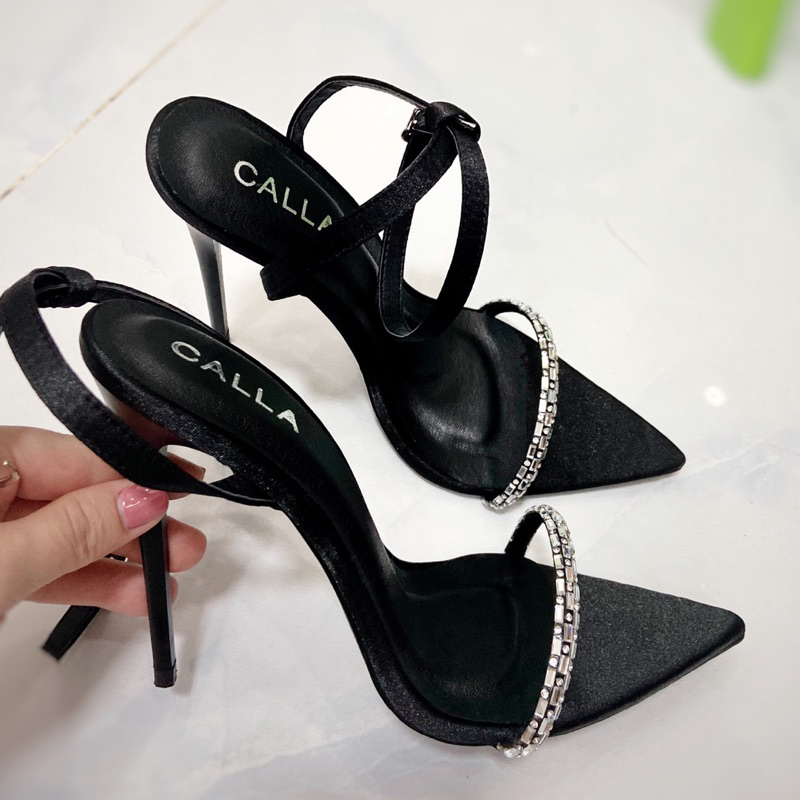 Sandal mũi nhọn dây đá satin cao cấp