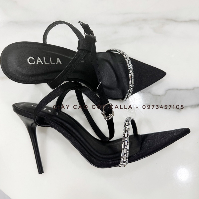 Sandal mũi nhọn dây đá satin cao cấp