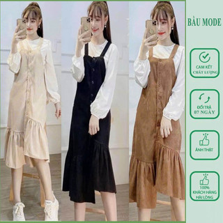 Xét váy yếm nhung bầu-đầm bầu thiết kế babaydoll xét yếm rời gồm áo và yếm cực sang vải