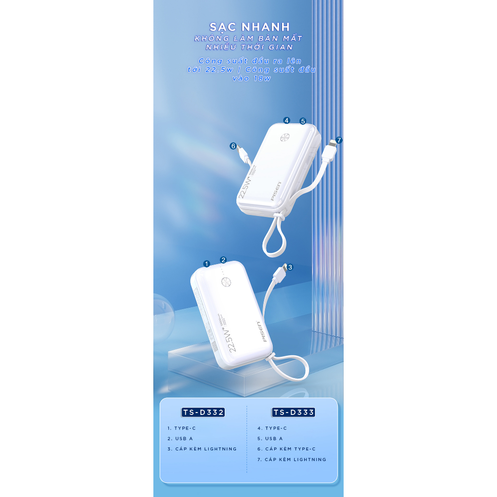 Sạc dự phòng kèm dây cáp PISEN QUICK Power Link (Lightning) 10000mAh 22.5W, sạc nhanh I13/14/15, TS-D332 - BH 24 tháng