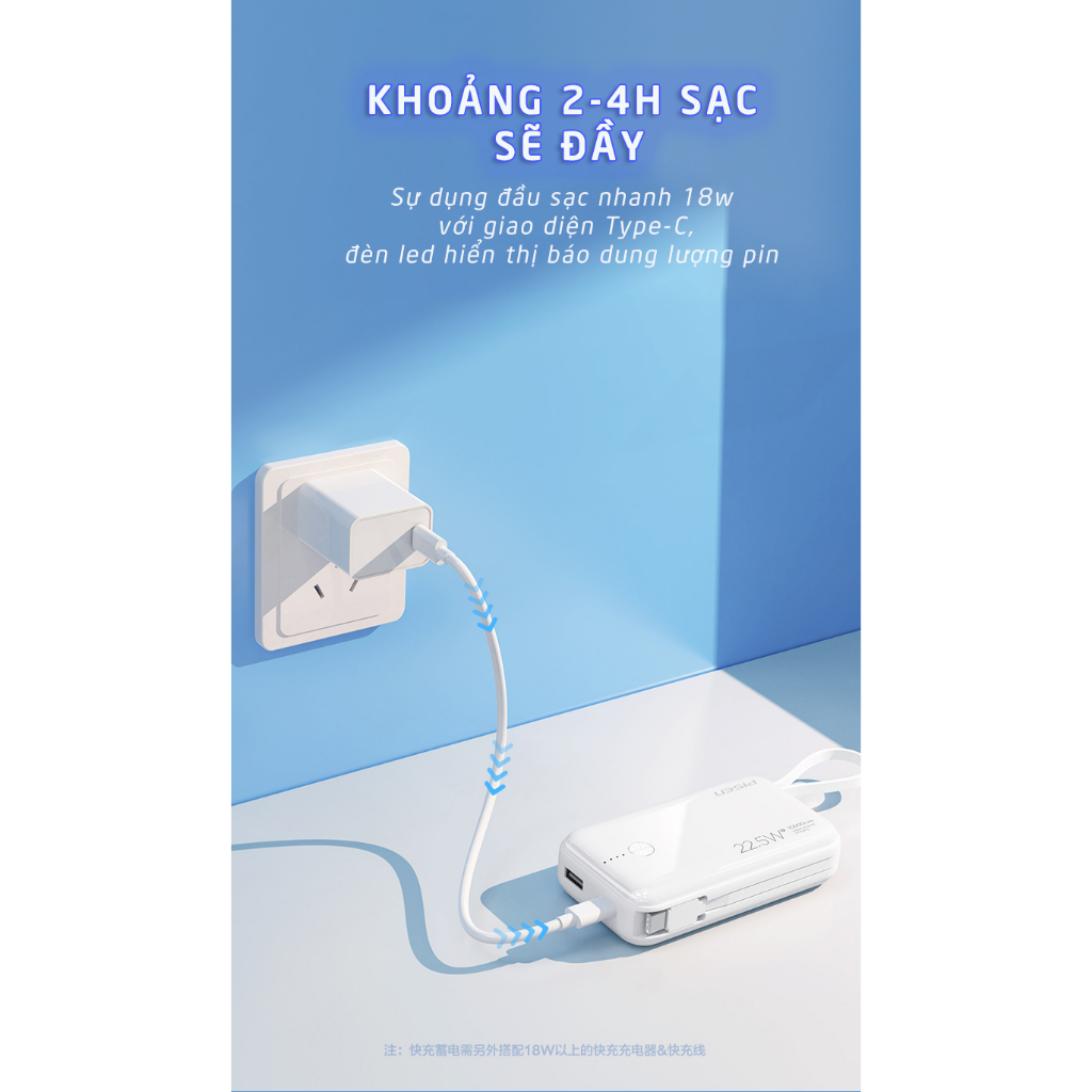 Sạc dự phòng kèm dây cáp PISEN QUICK Power Link (Lightning) 10000mAh 22.5W, sạc nhanh I13/14/15, TS-D332 - BH 24 tháng