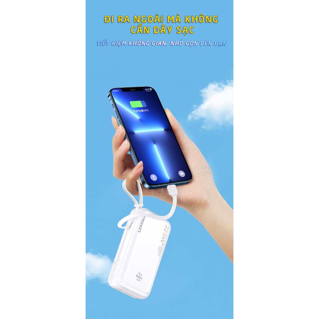 Sạc dự phòng kèm dây cáp PISEN QUICK Power Link (Lightning) 10000mAh 22.5W, sạc nhanh I13/14/15, TS-D332 - BH 24 tháng