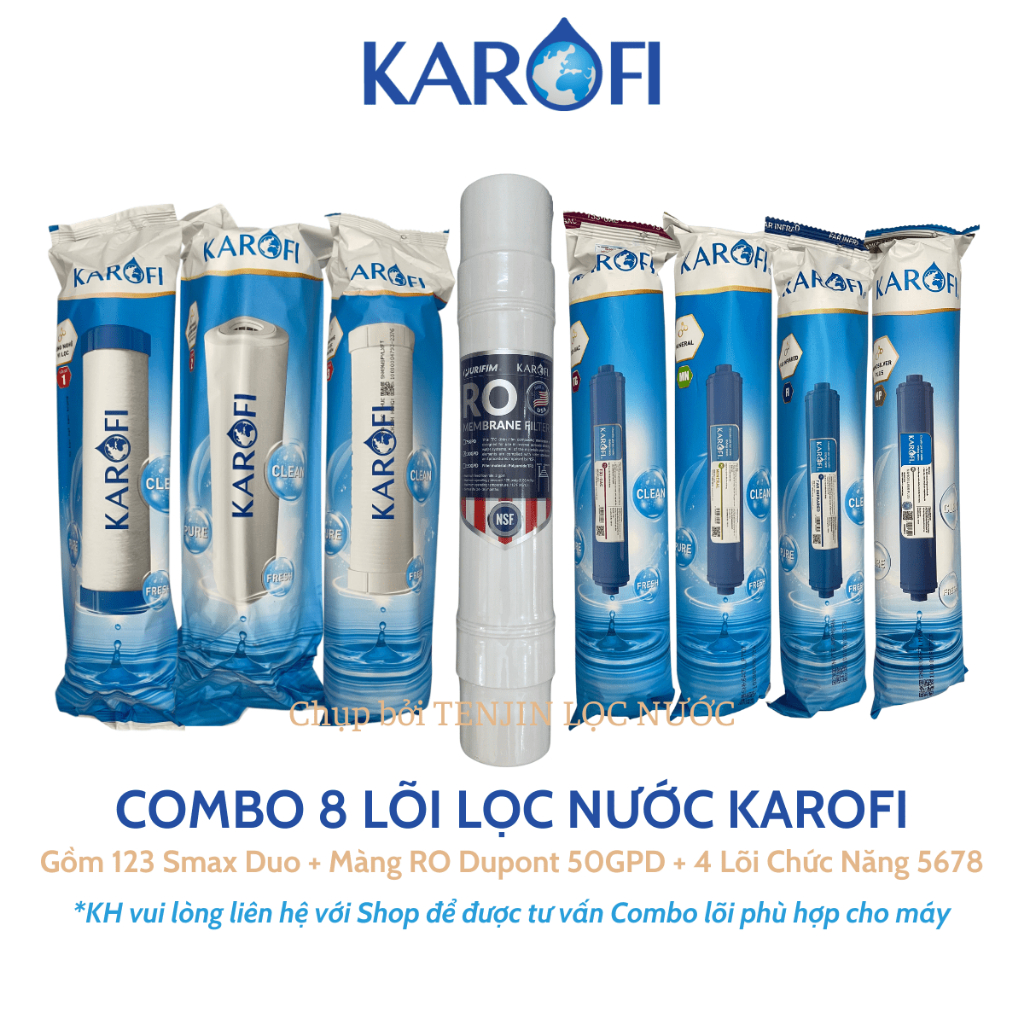 Combo 8 Lõi Lọc Nước Karofi Gồm Lõi 123 Smax Duo - Màng RO Đúc 100GPD Cắm Nhanh - Lõi Chức Năng T33 Mineral Far Nano