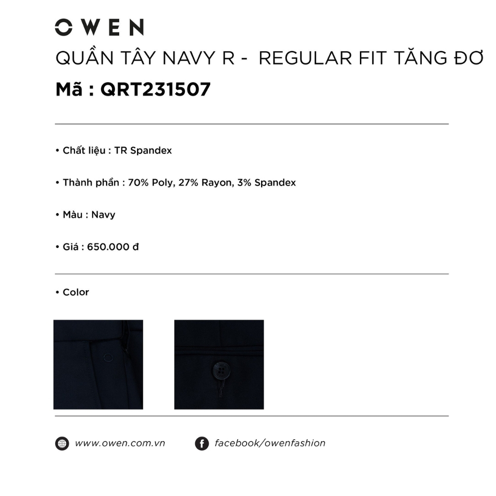Quần âu tây nam công sở cao cấp OWEN QRT231507  màu xanh navy vải polyester mềm mát