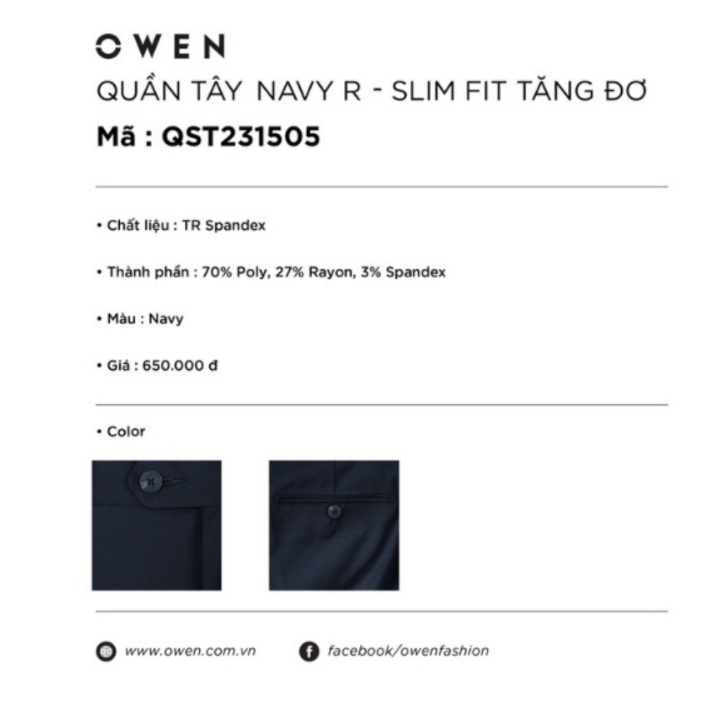 Quần âu tây nam công sở cao cấp OWEN QST231505  màu navy vải polyester mềm mát