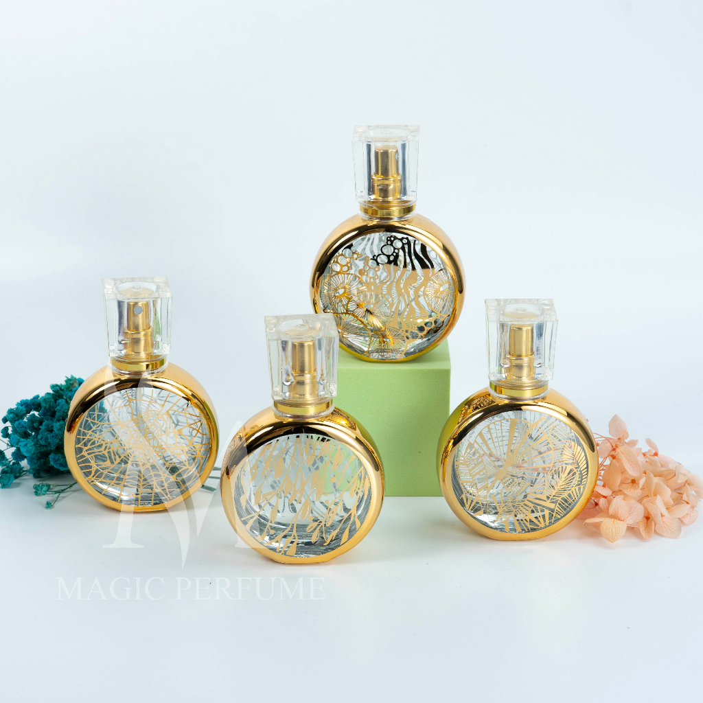 Chai đựng nước hoa thủy tinh cao cấp 25ml bầu dẹt sơn hoa văn dạng phun sương