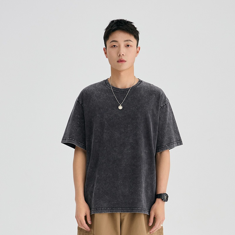 Áo thun wash trơn form rộng AWT01 Miucho vải cotton cổ tròn in basic