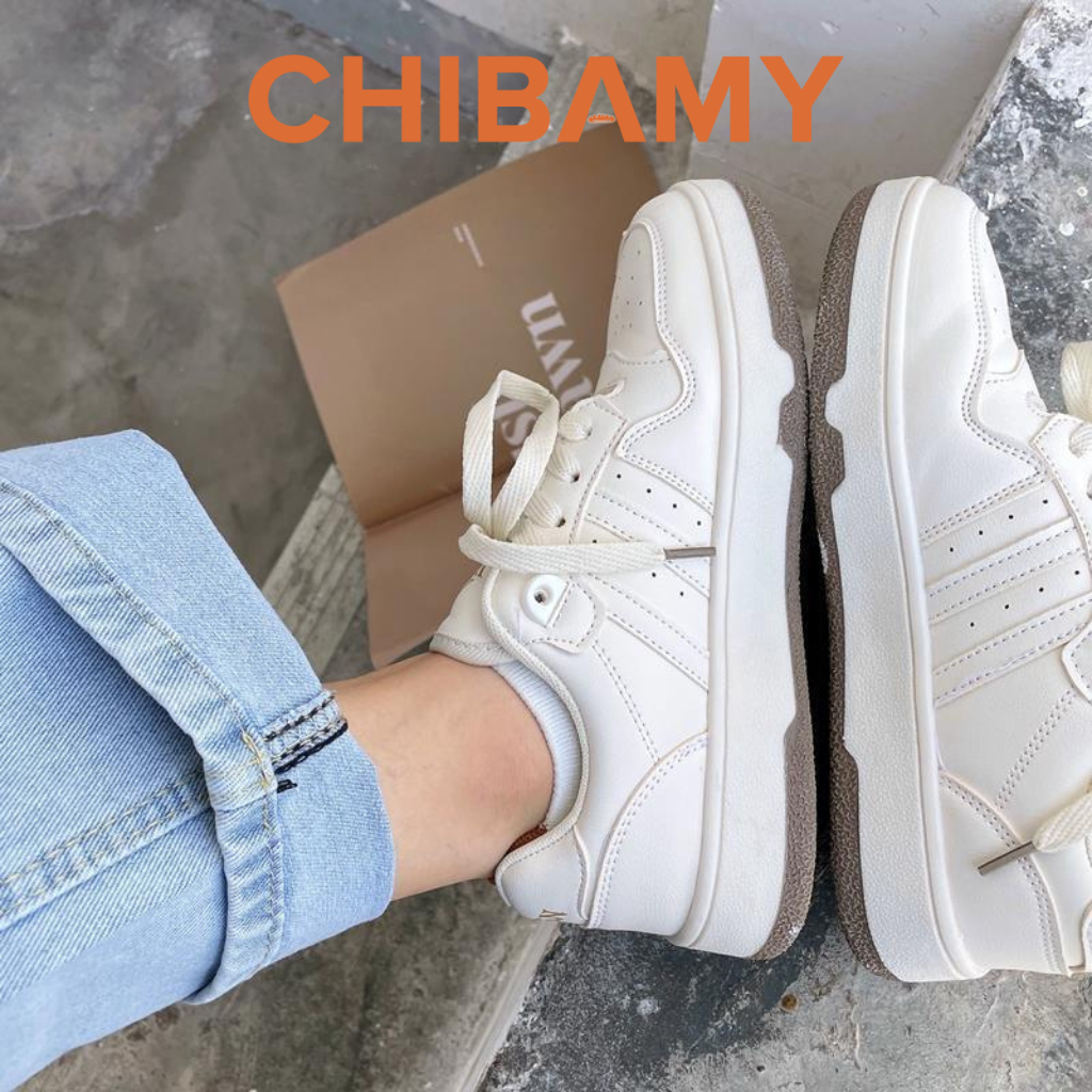 Giày thể thao nữ trắng Retro da lì, đế cao 3cm Full Box