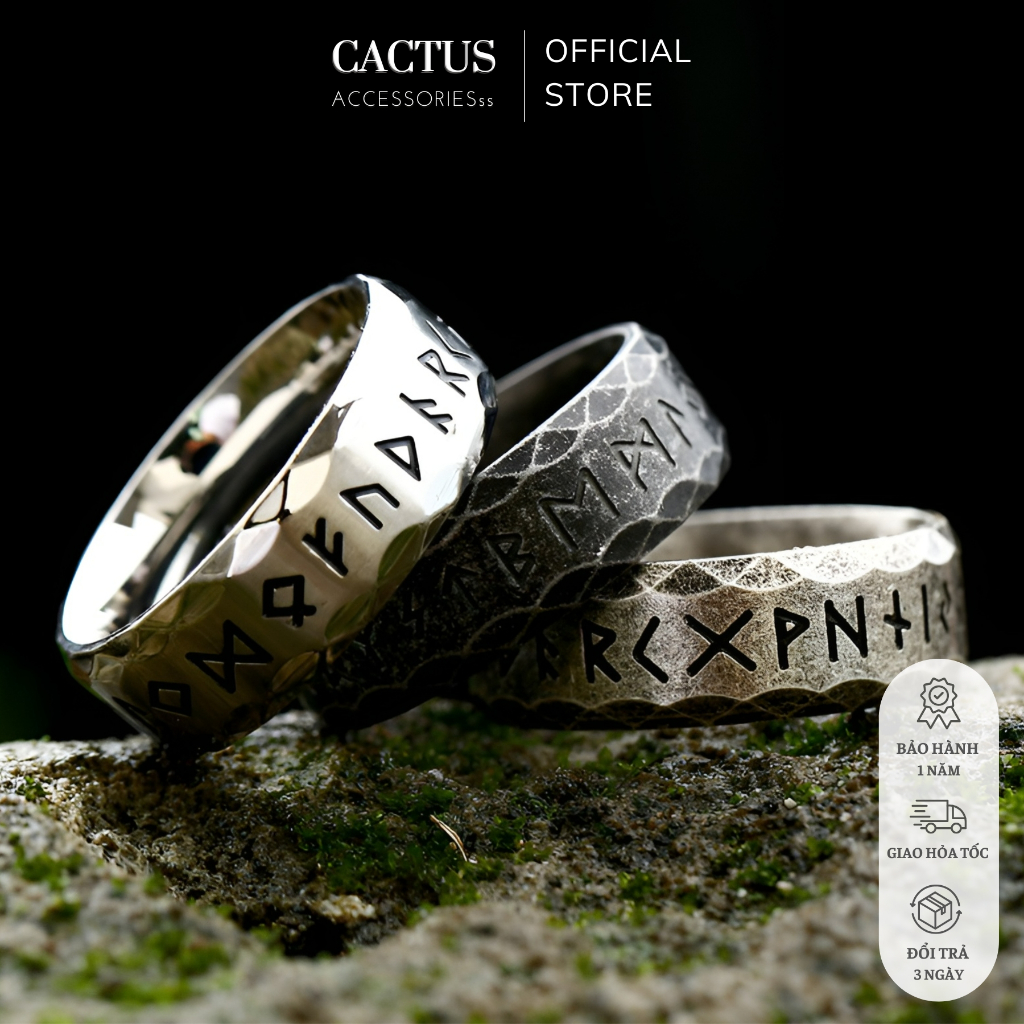 Nhẫn khắc kí tự cổ ngữ, nhẫn Rune tròn vát cạnh thép titan không gỉ - Cactus Accessoriesss
