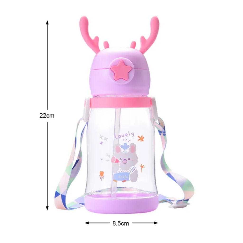 Bình Nước Cho Bé Nắp Sừng Hươu 600ml, Bình Nước Đi Học Kèm Dây Đeo Và Ống Hút Xinh Xắn