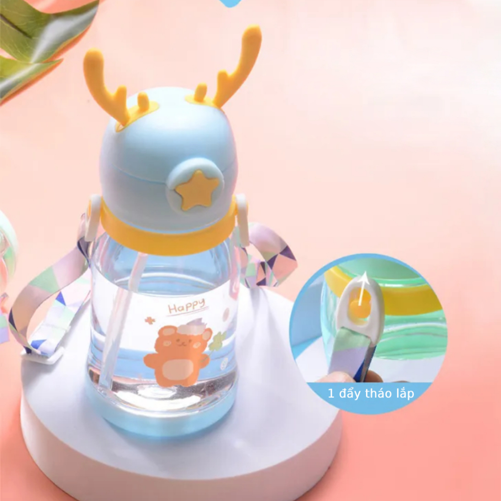 Bình Nước Cho Bé Nắp Sừng Hươu 600ml, Bình Nước Đi Học Kèm Dây Đeo Và Ống Hút Xinh Xắn