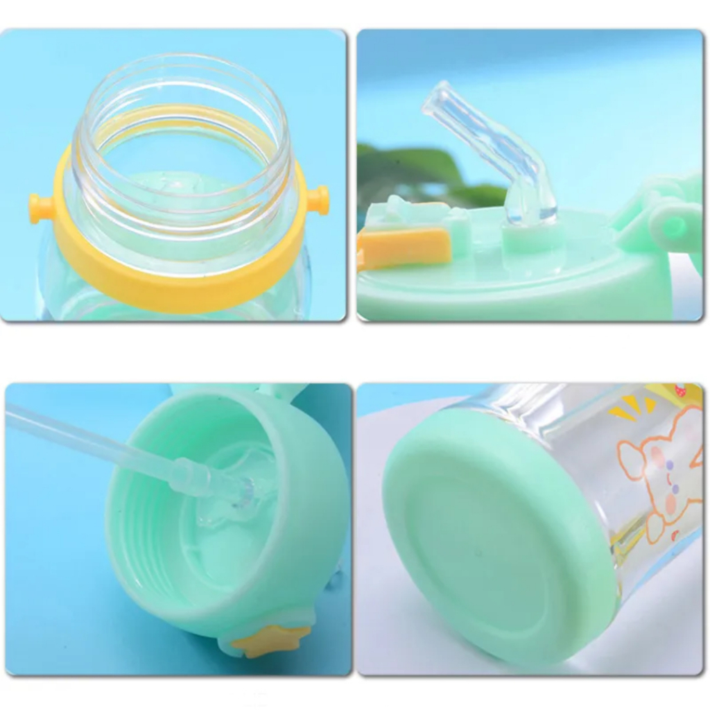 Bình Nước Cho Bé Nắp Sừng Hươu 600ml, Bình Nước Đi Học Kèm Dây Đeo Và Ống Hút Xinh Xắn