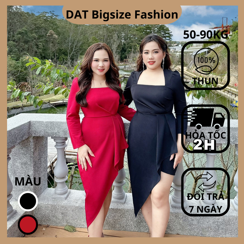 D.A.T BIGSIZE - Đầm Nữ Đầm Dự Tiệc , Đầm Body Tay Dài Cổ Vuông Chất Thun Co Gian Dành Cho Người Mập 50-90kg