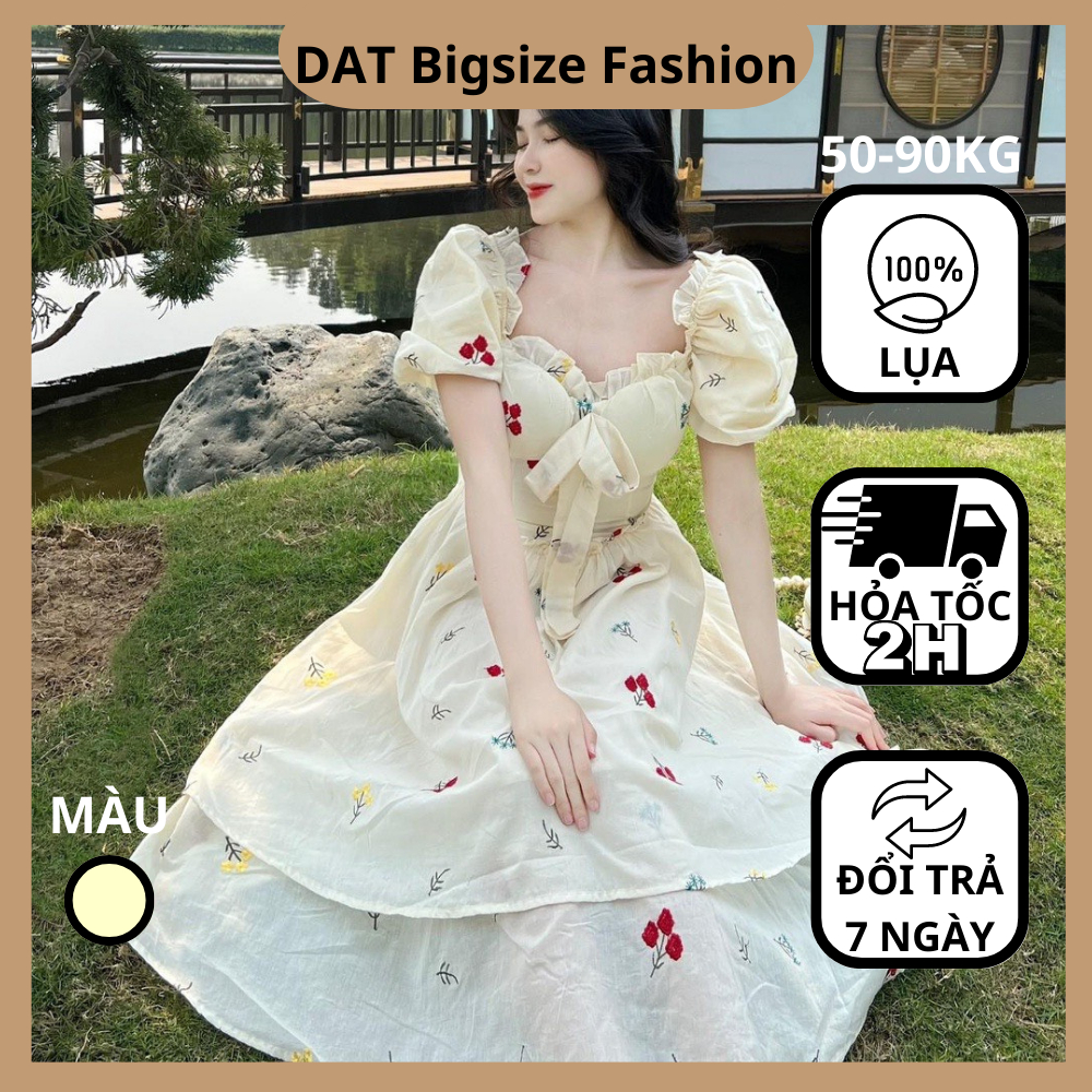 D.A.T BIGSIZE - Đầm Nữ Bigsize ,Váy Nữ Cổ Vuông Tay Phồng Họa Tiết Hoa Chất Lụa 2 Lớp Mềm Mịn Dành Cho Người Mập 50-90kg