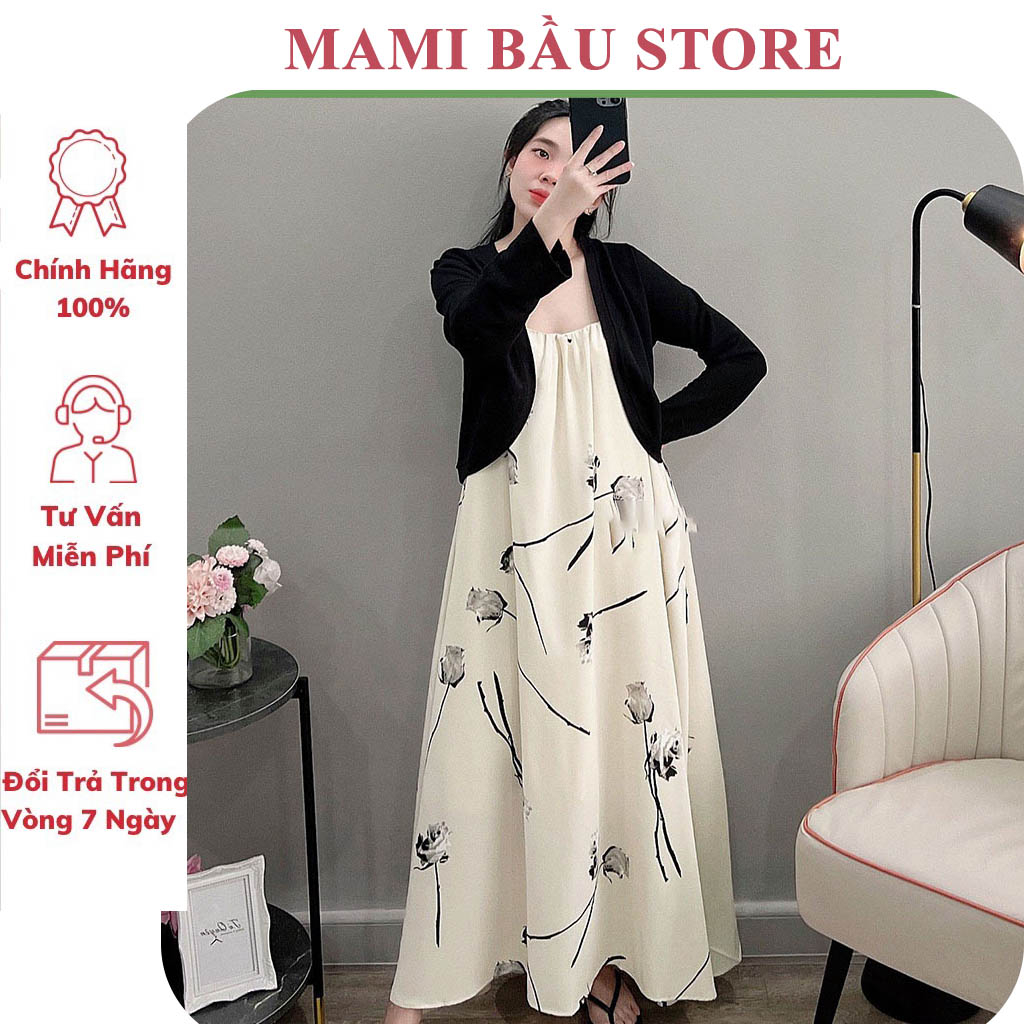 VÁY ĐẦM BẦU HÈ THU-ĐẦM BẦU THIẾT KẾ 2 DÂY LỤA HÀN + ÁO LEN MỎNG KHOÁC NGOÀI SIÊU SANG THỜI TRANG