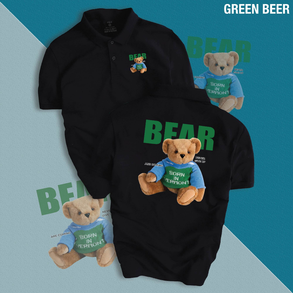 Áo Thun Polo Nam Nữ UNISEX GREEN BEAR vải cá sấu cotton cao cấp cực dễ thương
