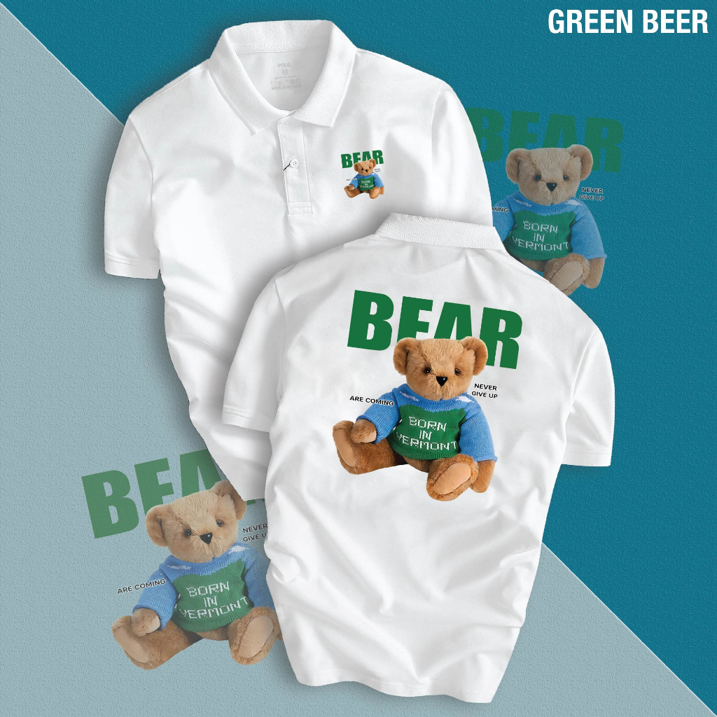 Áo Thun Polo Nam Nữ UNISEX GREEN BEAR vải cá sấu cotton cao cấp cực dễ thương