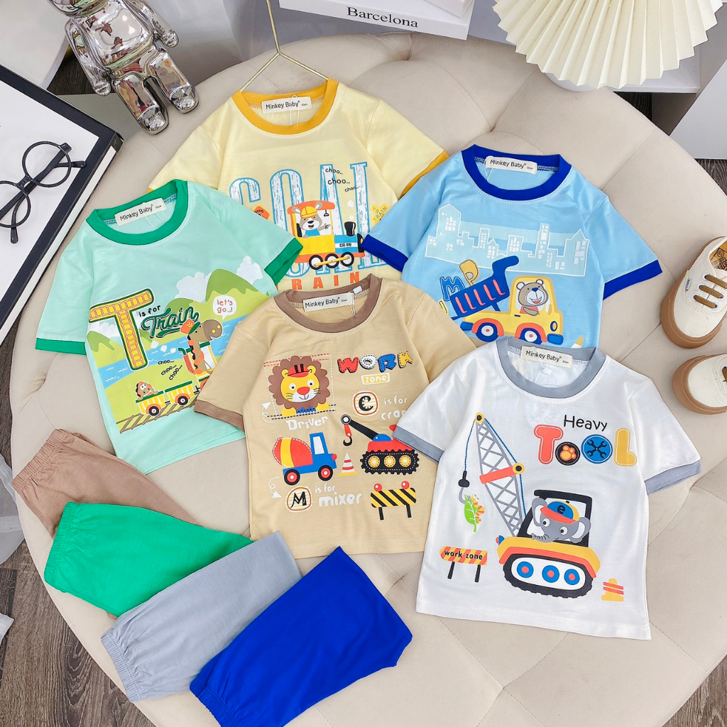 Bộ Tay Cộc Minkey Baby Chất Thun Lạnh In Họa Tiết Hoạt Hình Dể Thương  Trai -Bé Gái