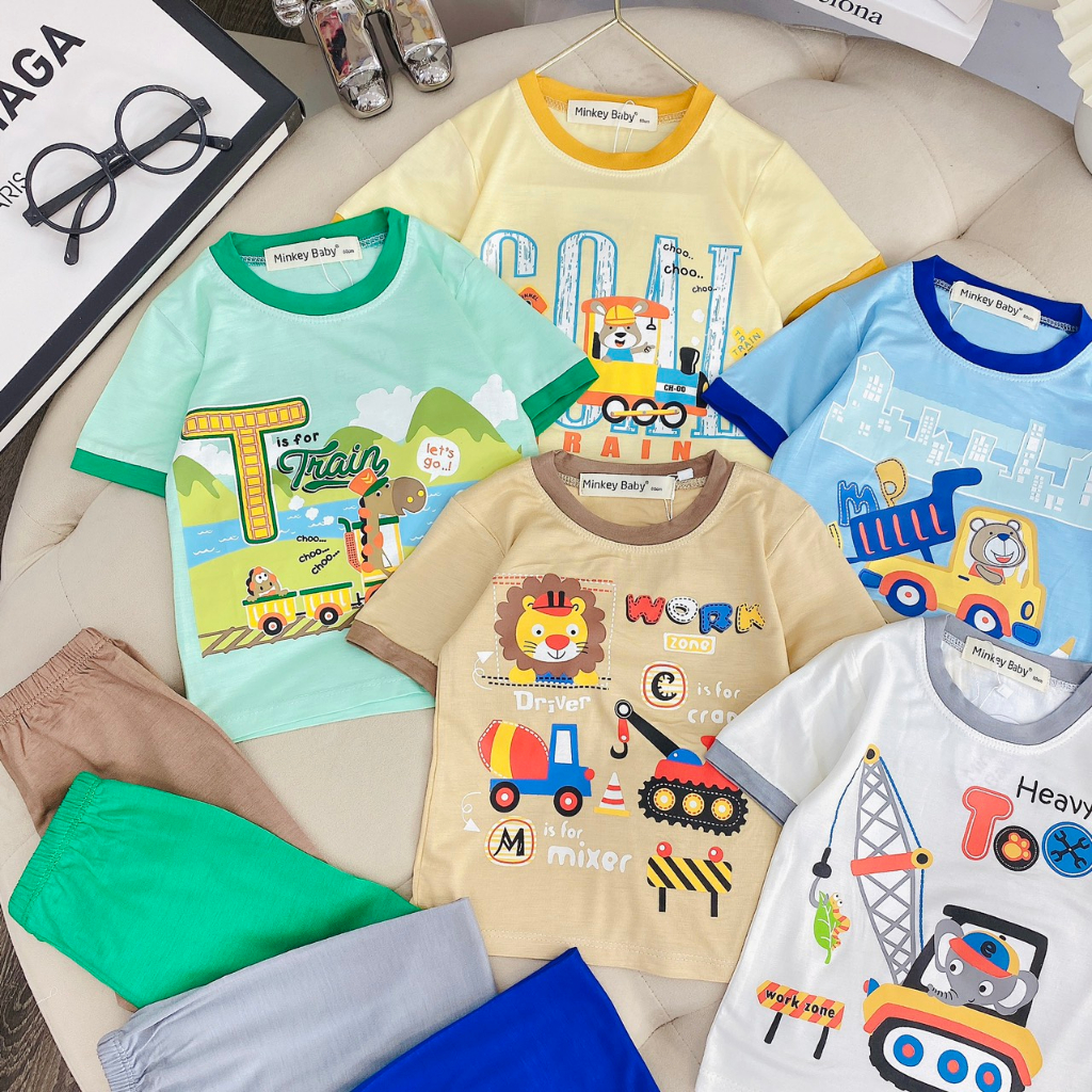 Bộ Tay Cộc Minkey Baby Chất Thun Lạnh In Họa Tiết Hoạt Hình Dể Thương  Trai -Bé Gái