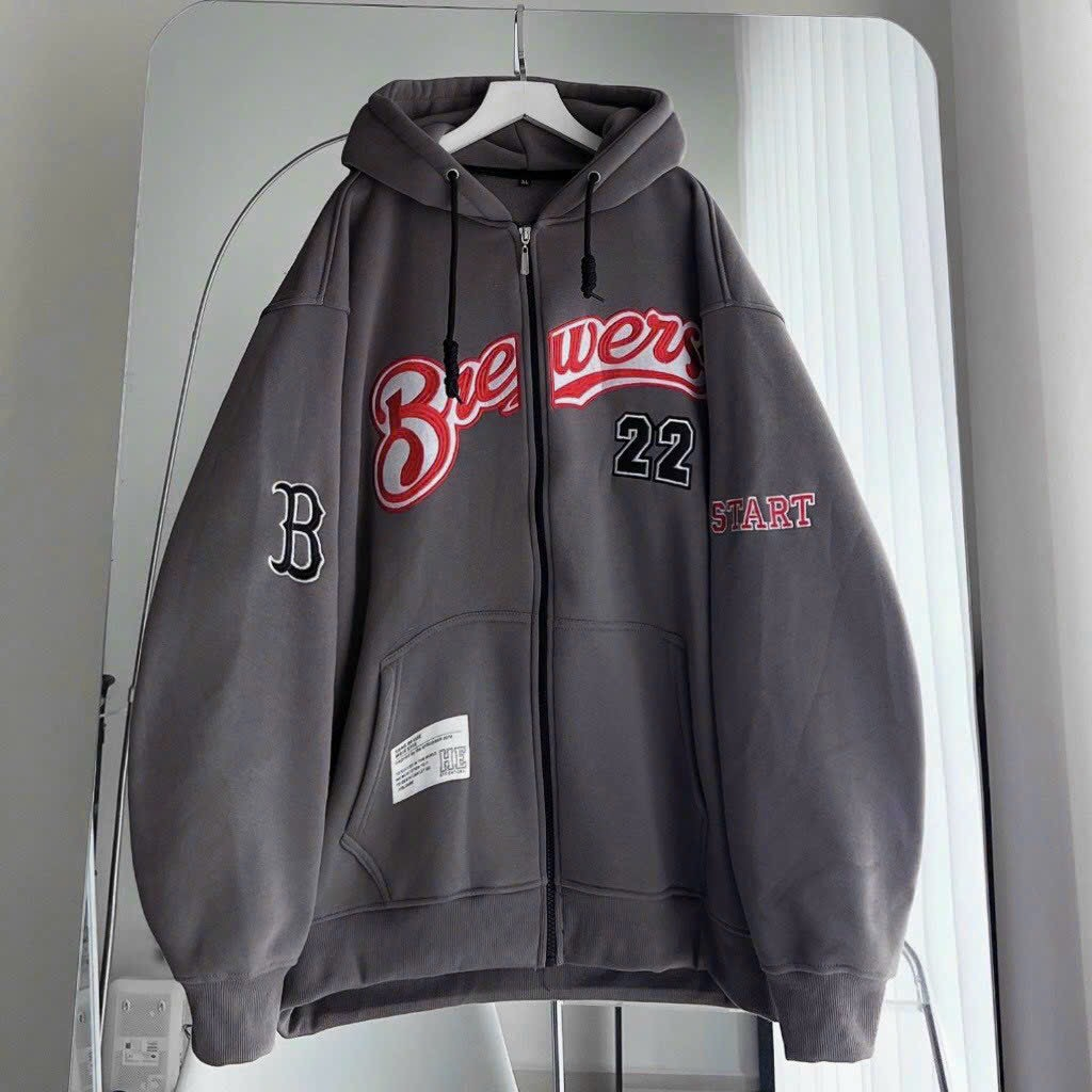 Áo khoác nỉ BB22 tag chữ thêu form rộng unisex màu xám HYPRETTY 02