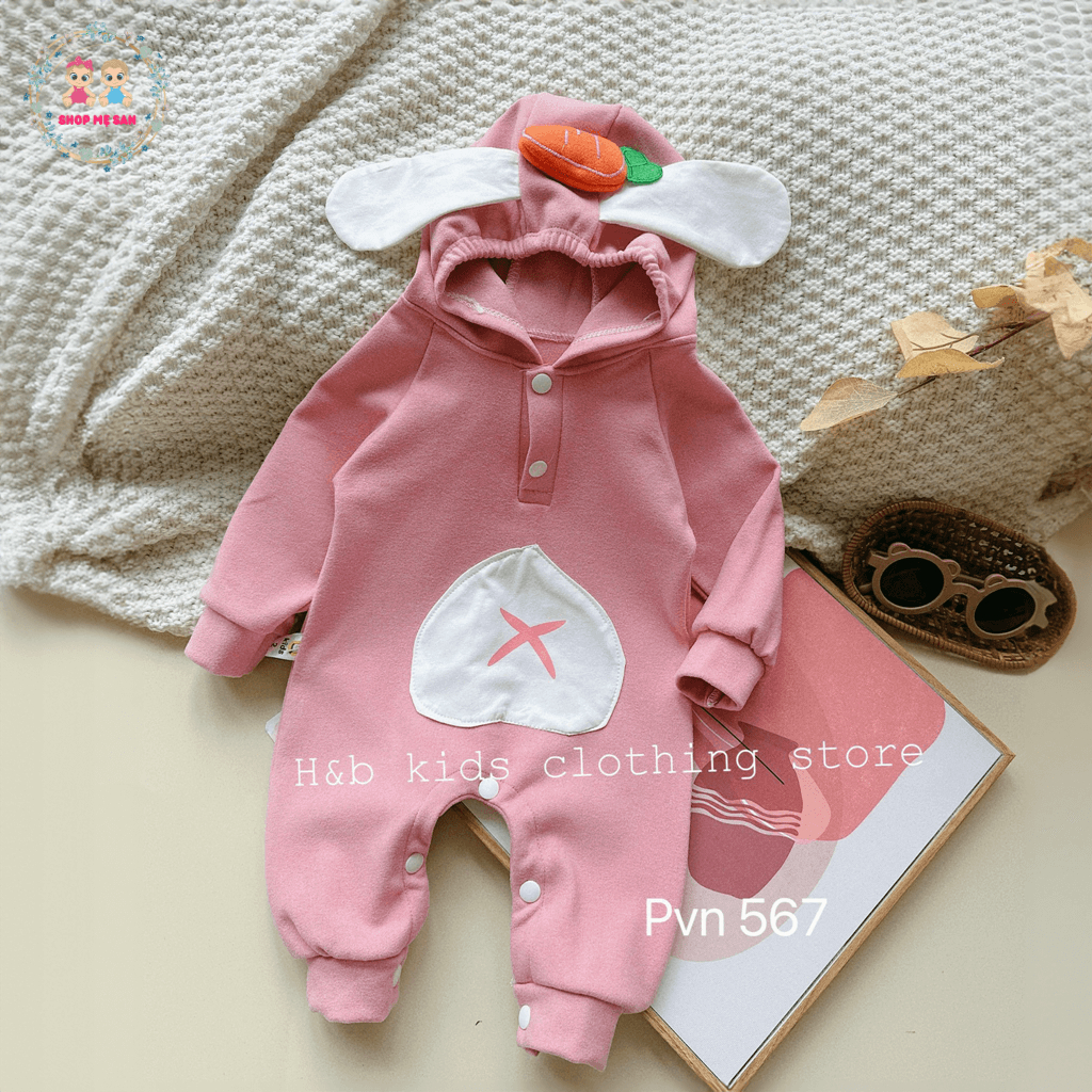 Bodysuit Cho Bé Gái, Bodysuit Cho Bé Trai Dài Tay Với Chất Liệu Zip Lông Mềm Mịn Cùng Mũ Tai Thỏ Dễ Thương