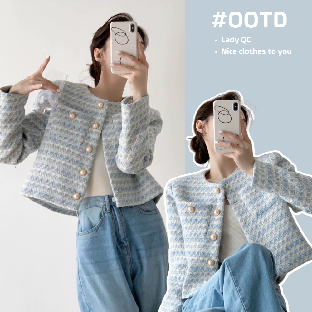 Áo khoác dạ tweed quảng châu phối cúc đồng, Áo dạ dáng ngắn phối cúc đồng 2 lớp loại 1