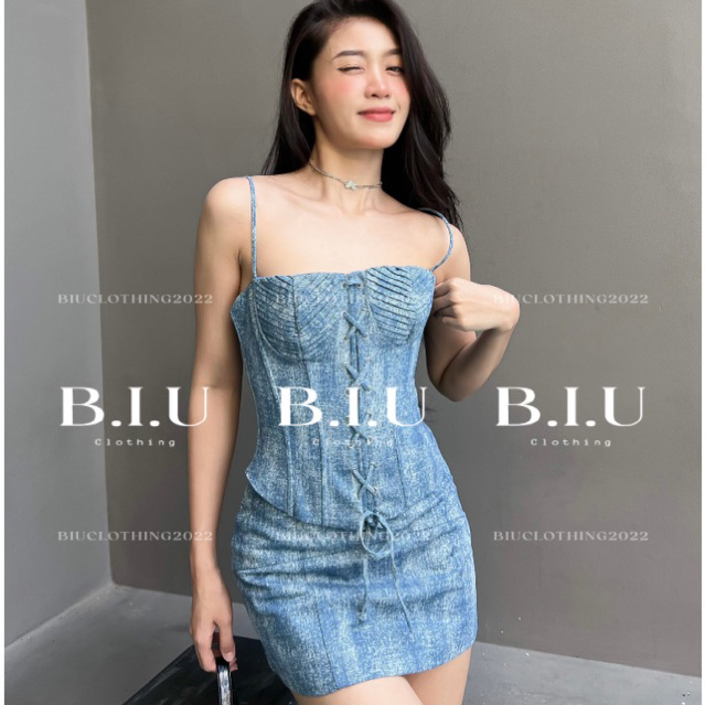 Set áo dây corset dây đan chân váy chữ A chất jean loang cá tính Jesse Set BIU Clothing BB0112