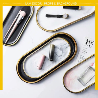 Khay đĩa đá marble viền vàng sang trọng dùng để đựng và bày trang sức, mỹ phẩm