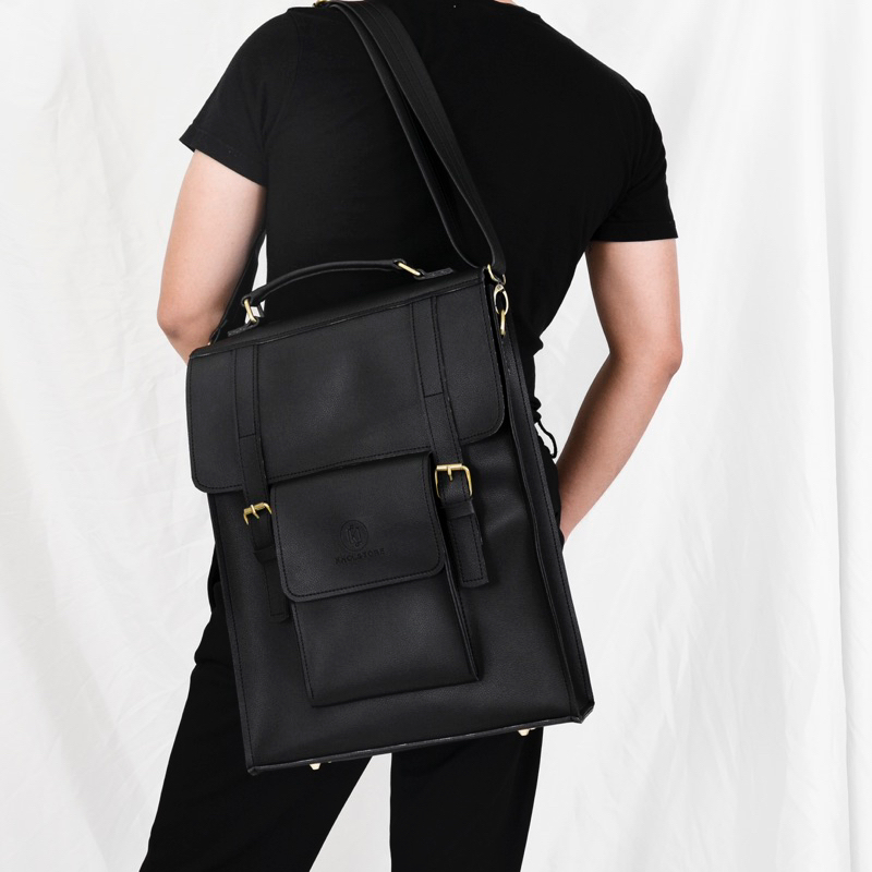 KHÔISTORE 𝐏𝐚𝐫𝐚𝐥𝐥𝐞𝐥  balo đeo chéo có quai xách màu đen vừa laptop 16inch thiết kế thủ công