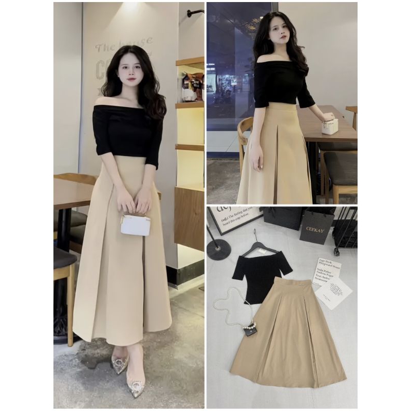 : Set Áo Trễ Vai Đen Kèm Chân Váy Xếp Li Kem (LOLLA -FASHION)