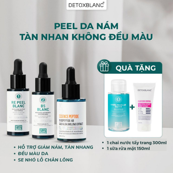PEEL NÁM, TÀN NHANG detoxblanc: 1 re peel blanc, 1 b5 blanc, 1 serum nám peptide [tặng 1 sữa rửa mặt+1 tẩy trang]
