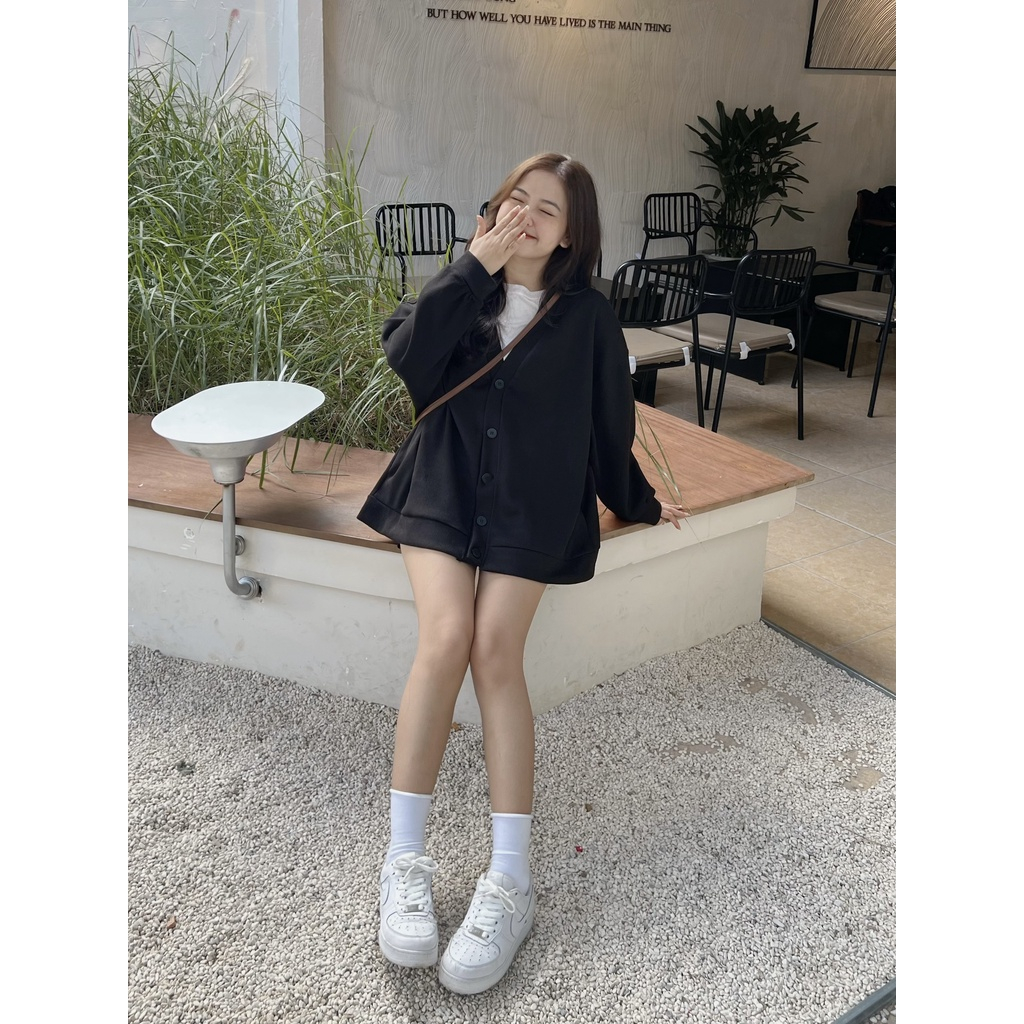 Áo cardigan nỉ tăm dày form rộng nữ - Khoác oversize tay phồng bánh bèo tiểu thư hotgirl phong cách hàn quốc đẹp
