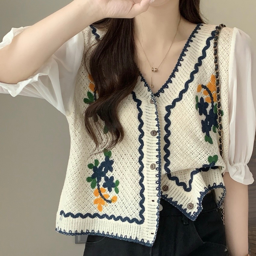 Áo PoLo Croptop, Áo Len Móc Họa Tiết Thổ Cẩm Hàng Quảng Châu Loại 1