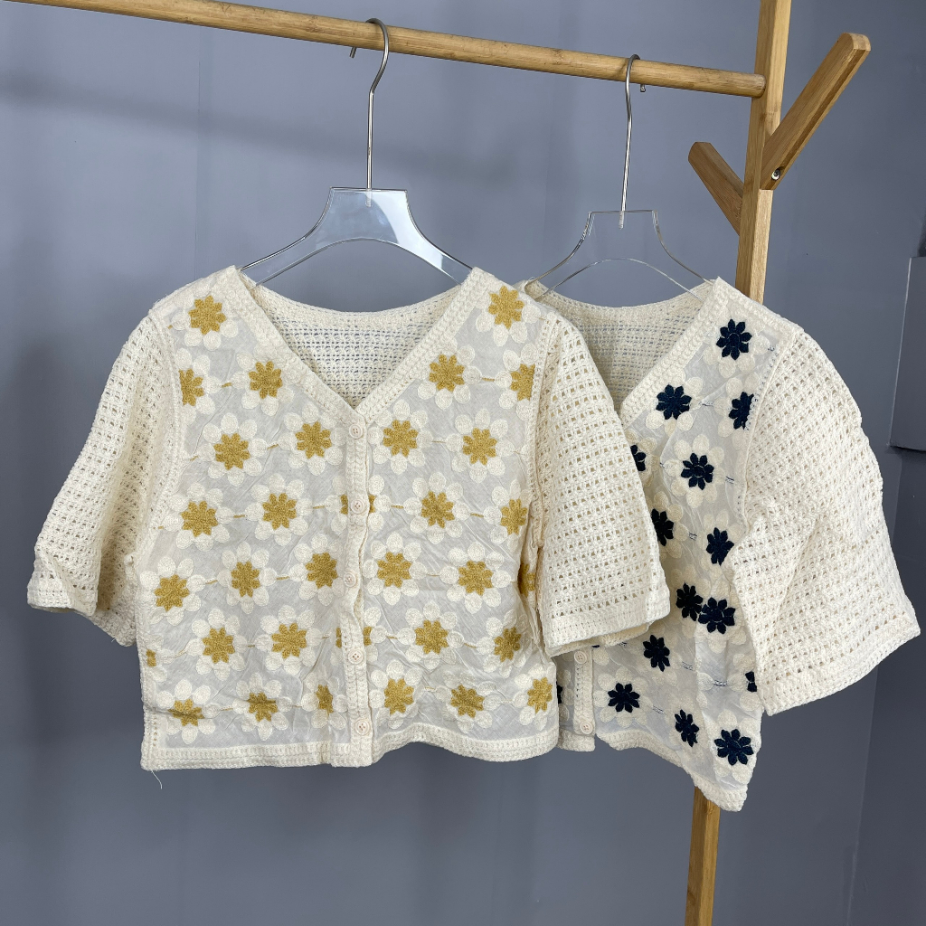 Áo PoLo Croptop, Áo Len Móc Họa Tiết Thổ Cẩm Hàng Quảng Châu Loại 1