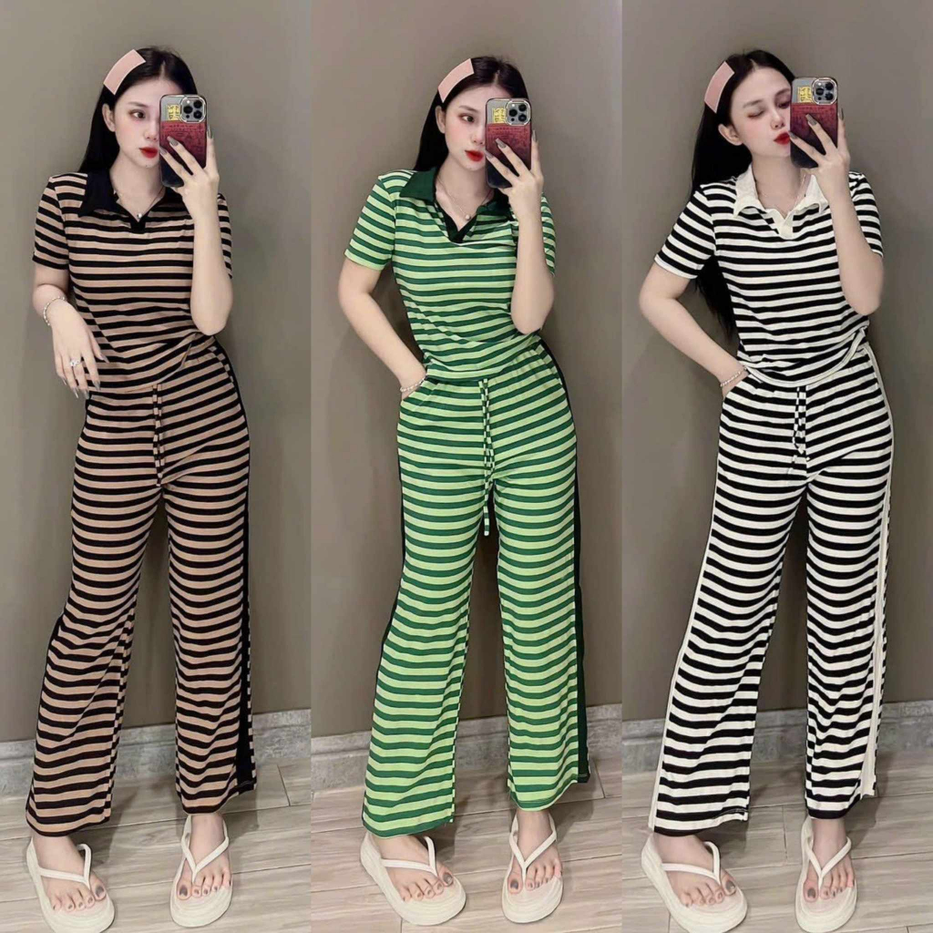Đồ bộ nữ, set đồ bộ quần ống rộng đai cao có túi và áo ngắn tay lai bầu cổ sơ mi vải thun cotton gân borip, set đồ nữ