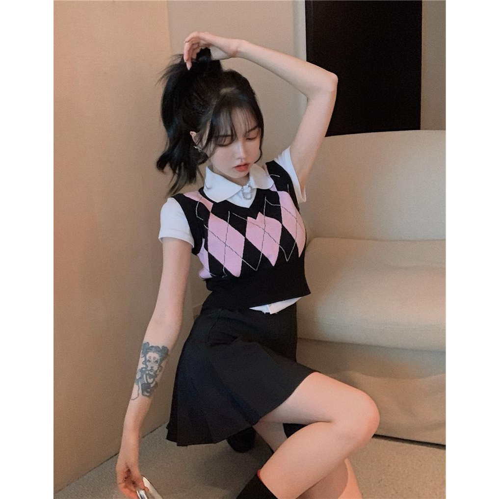 Áo gile len dáng croptop họa tiết caro phong cách Hàn Quốc GL10