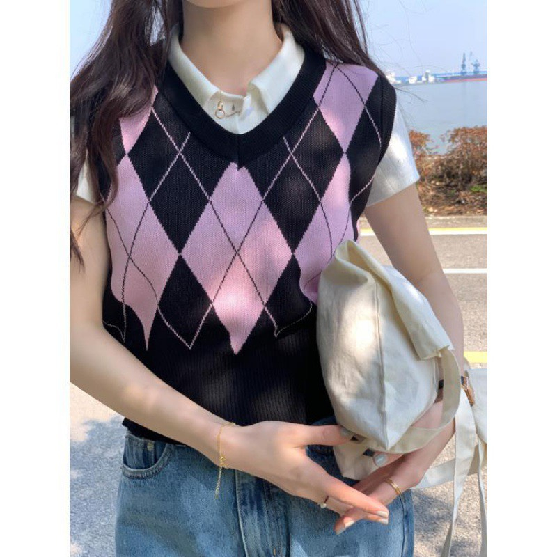 Áo gile len dáng croptop họa tiết caro phong cách Hàn Quốc GL10