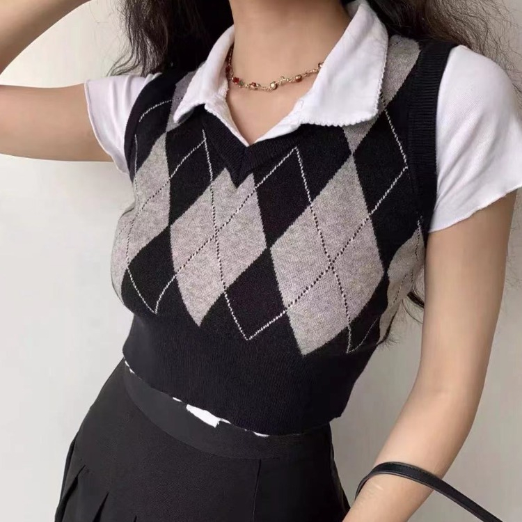 Áo gile len dáng croptop họa tiết caro phong cách Hàn Quốc GL10