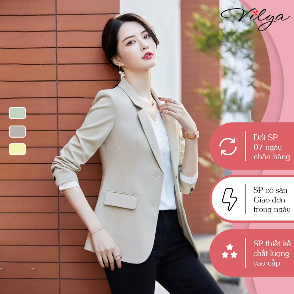 Áo vest nữ công sở VILYA vải chéo hàn 2 lớp cổ bẻ tay dài xẻ tà sau VM23-001