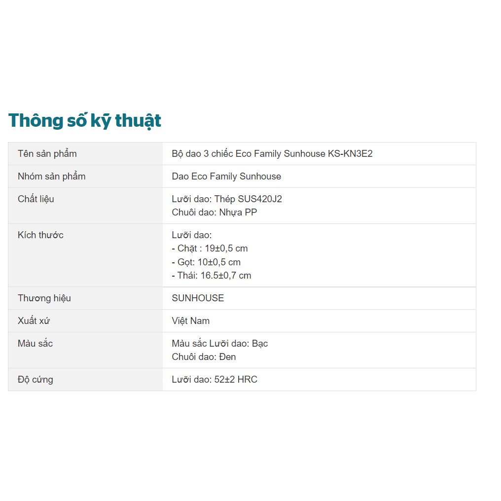 Bộ dao 3 chiếc Eco Family Sunhouse KS-KN3E1 Chính hãng. Dao thái, dao gọt.