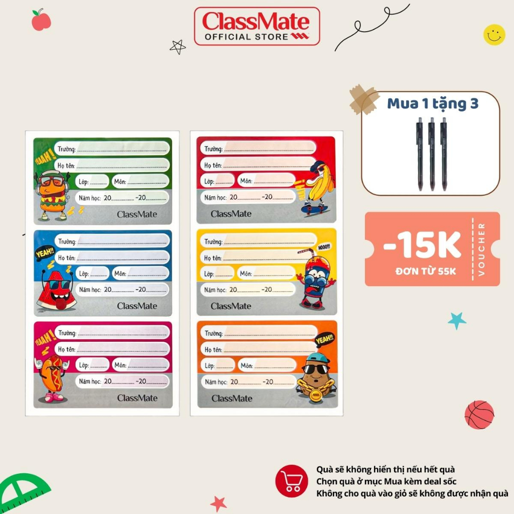 Nhãn Vở Có Keo Dán Sẵn CLASSMATE Cool food Chất Liệu Giấy Bóng Nổi Bật, Bám Dính Tốt 15 Cái/Túi CL-NT232