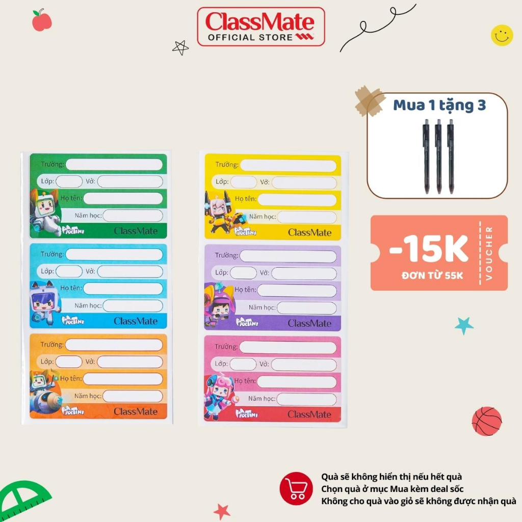 Nhãn Vở Có Keo Dán Sẵn CLASSMATE Chất Liệu Giấy Bóng Nổi Bật, Họa Tiết Maxtini Dễ Thương 15 Cái/Tập CL-NT237
