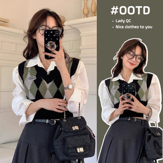 Gile nữ ulzzang họa tiết phối màu hình trám, Áo len ghi lê kiểu hàn form vừa basic kiểu dáng học sinh
