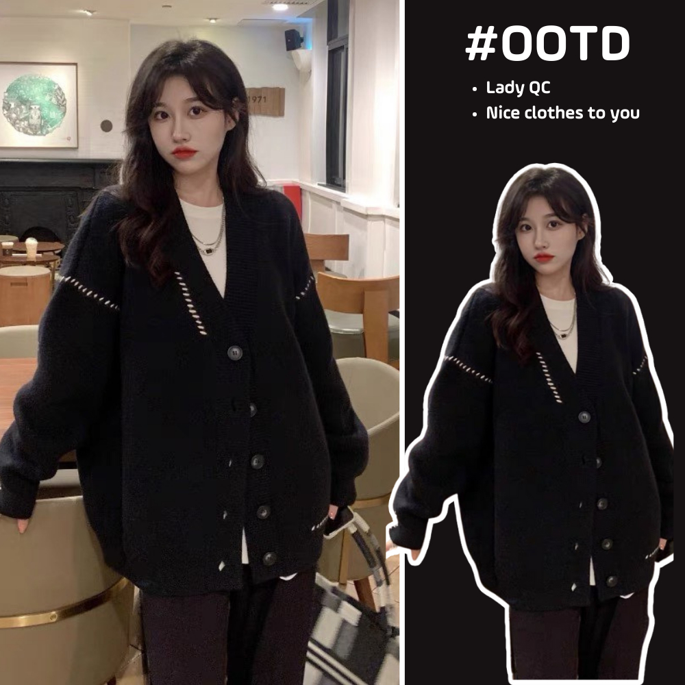 Áo len khoác cardigan nữ ulzzang, Áo khoác cadigan dáng rộng màu kem dài tay form rộng ladyquangchau