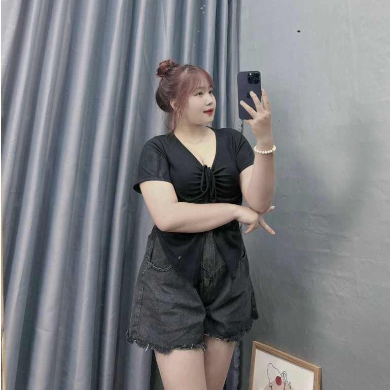 Áo Thun Bigsize Nữ,Áo Kiểu Croptop Dây Rút Big Size Chất Vải Gân Tăm Mềm Mát Lên Phom Đẹp G42